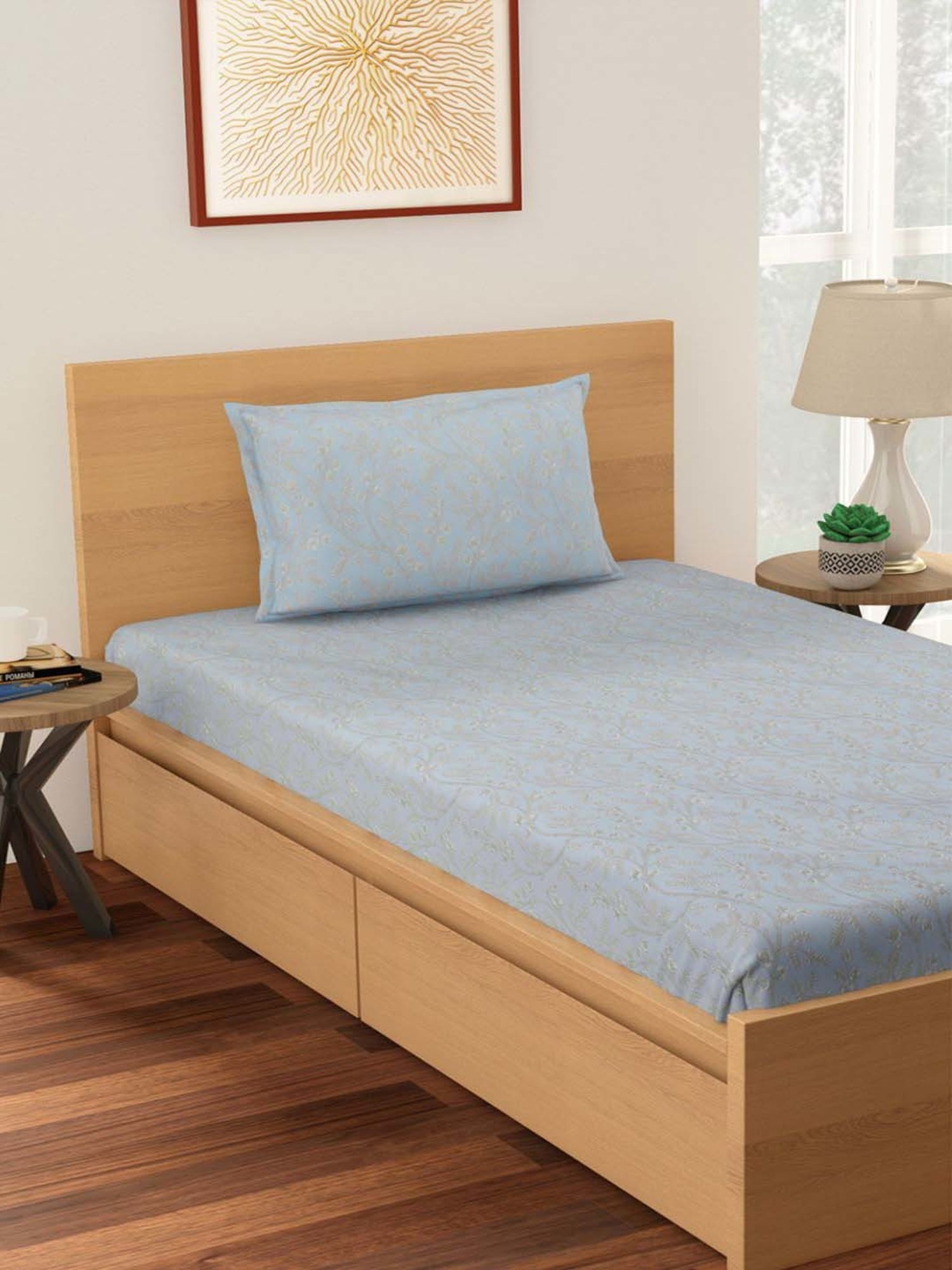 Living Scapes by Pantaloons Blue Blend Bedsheet With 1 Pillow Cover