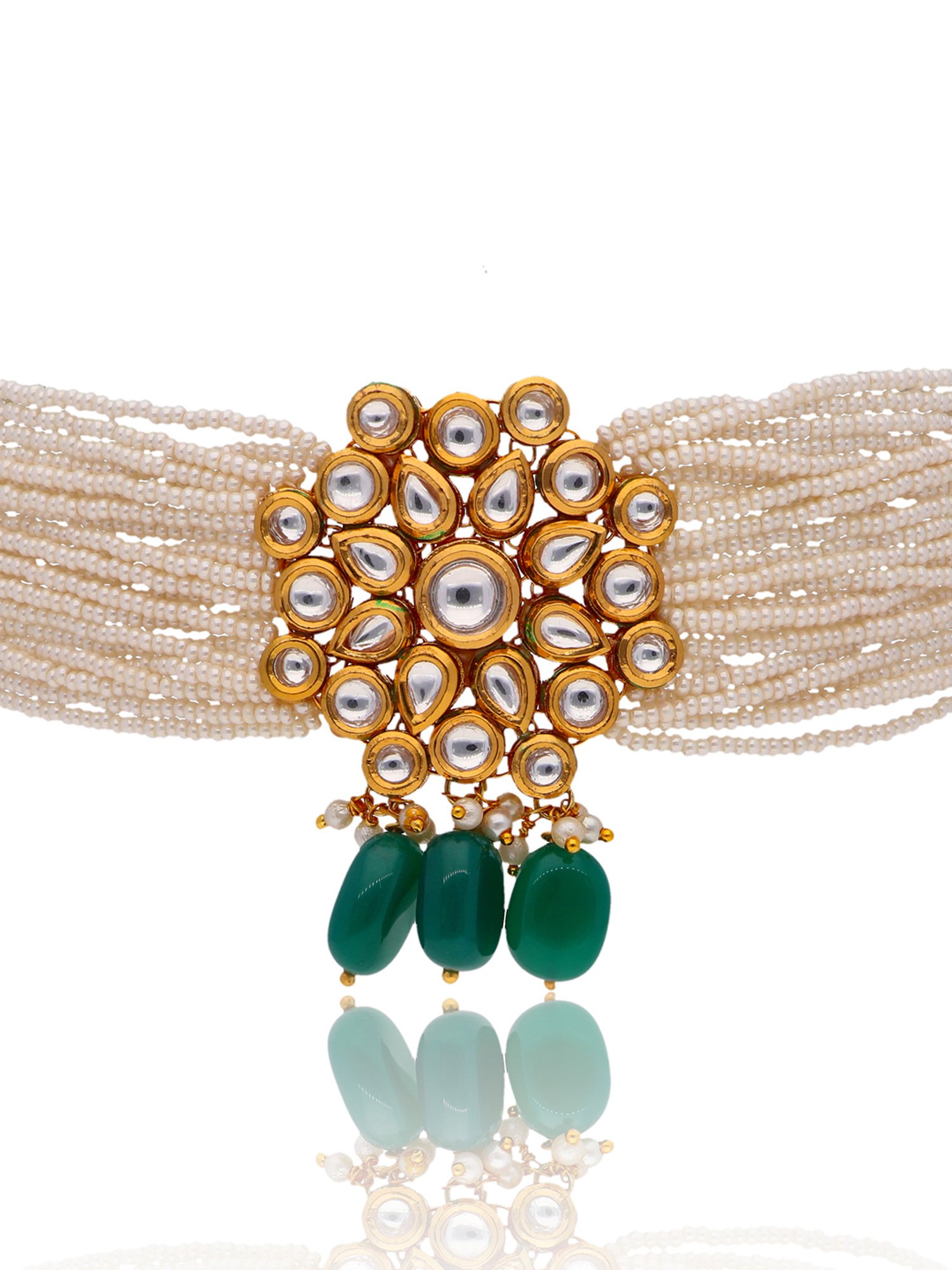 Curio Cottage Bridal Kundan and Pearls Embellished Green Necklace & Earring Set for Women