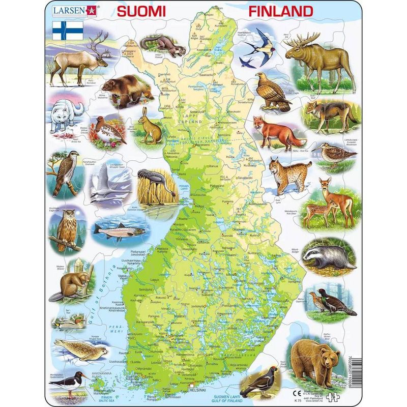 Larsen Puzzles Finland Map with Animals Kids Jigsaw Puzzle - 78pc