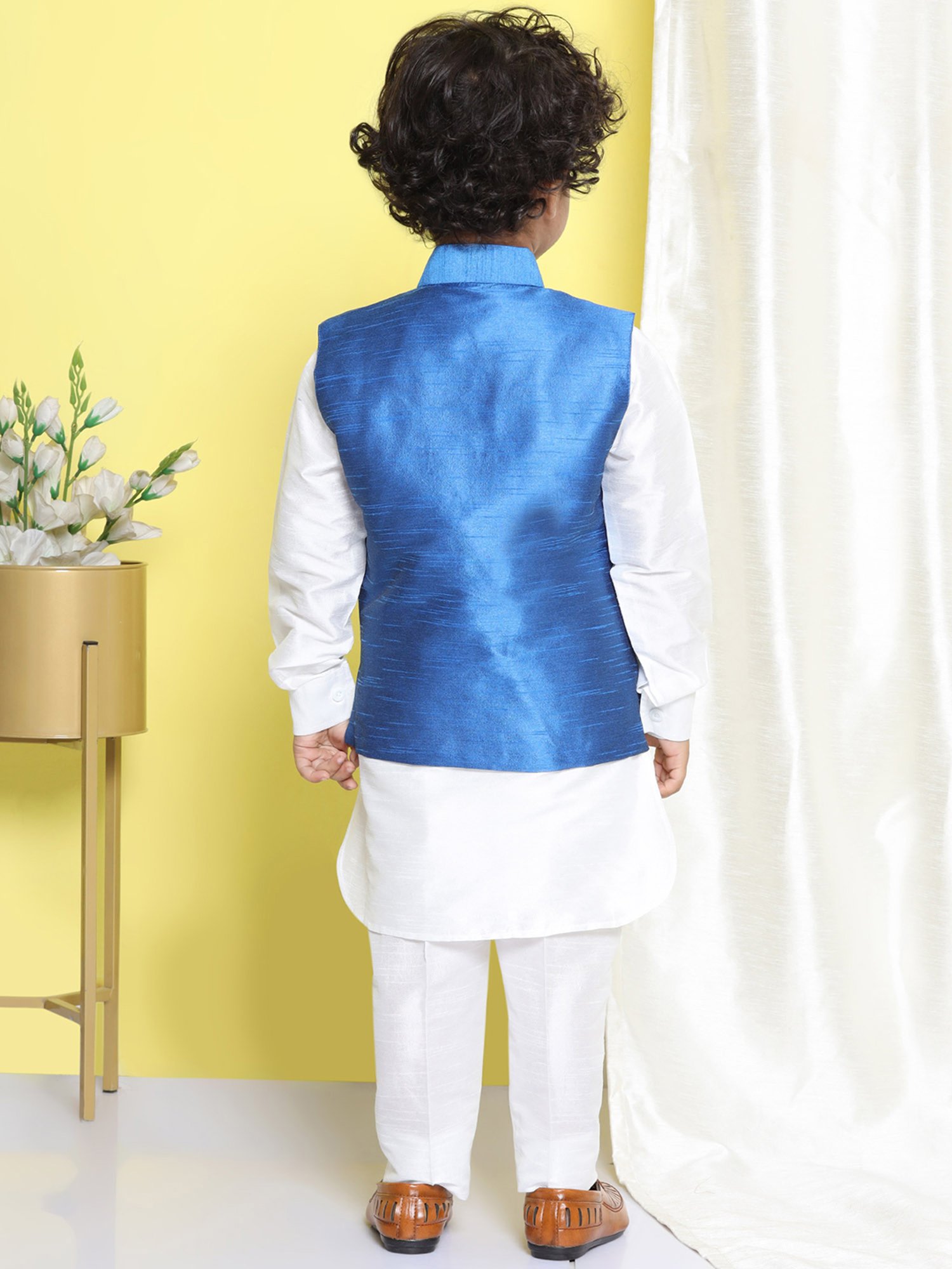 AJ Dezines Kids White & Blue Solid Full Sleeves Kurta, Trousers with Waistcoat