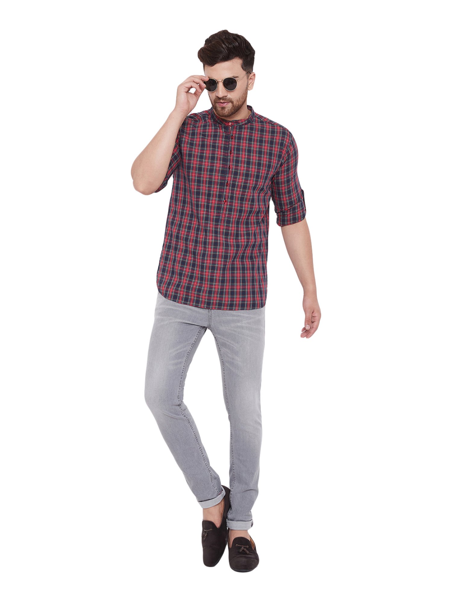 Even Red & Navy Cotton Regular Fit Checks Short Kurta