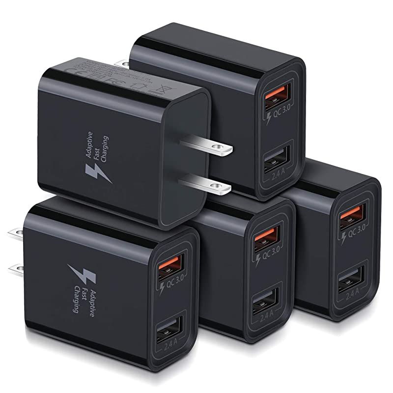 Quick Charge 3.0 USB Wall Charger,  5 Pack 30W Dual 2 Ports Adapter (Fast Charge 3.0 & 5V 2.4A) Adaptive Fast Charging Block Compatible for iPhone 11 XS XR, Samsung Galaxy S10 S9 (Black)