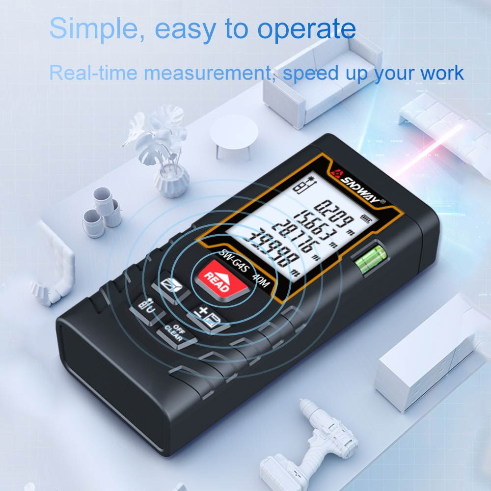 SNDWAY 40 Meters Laser Distance Meter Handheld Rangefinder Digital Mini Distance Measuring Meter Portable Electronic Space Measurement Device with Bubble Level for Length Area Volume