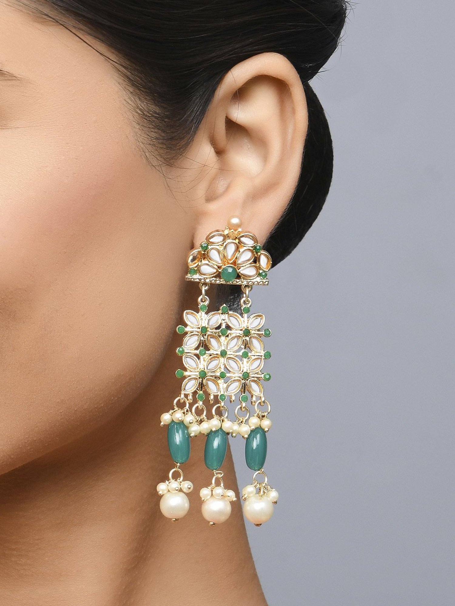 Fida Beaded Mughal Green and White Dangler Earrings