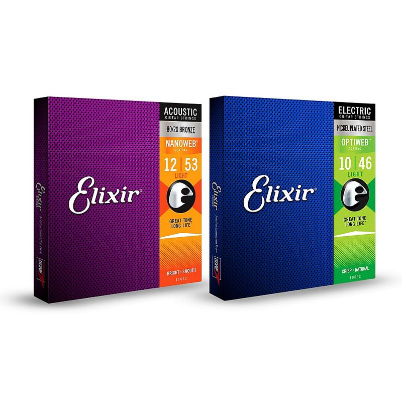 Elixir 2-Pack Light OPTIWEB Electric Guitar Strings and Light 80/20 Bronze NANOWEB Acoustic Guitar Strings Bundle