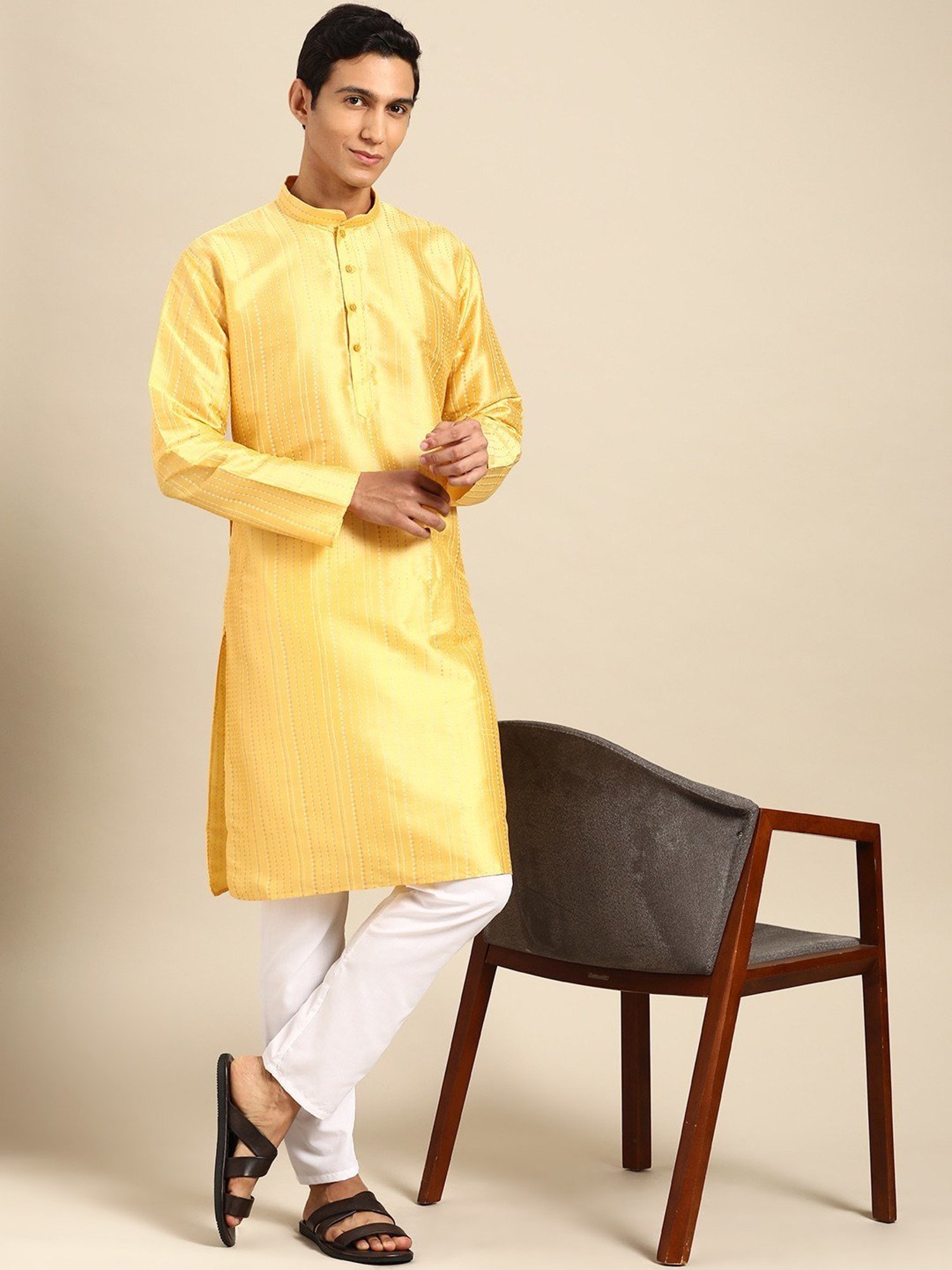 ManQ Yellow & White Regular Fit Printed Kurta Bottom Set