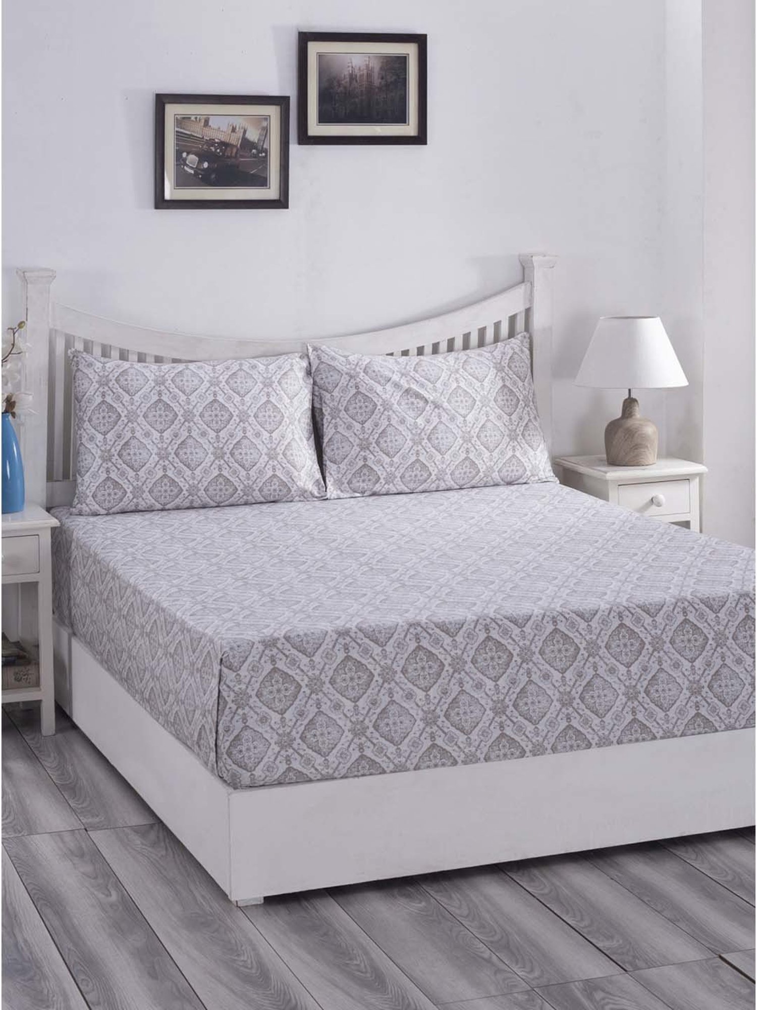 Maspar Hues PBS Nomad Scuplt Harold Blue & Grey Cotton 210 TC Double Bedsheet & 2 Pillow Covers