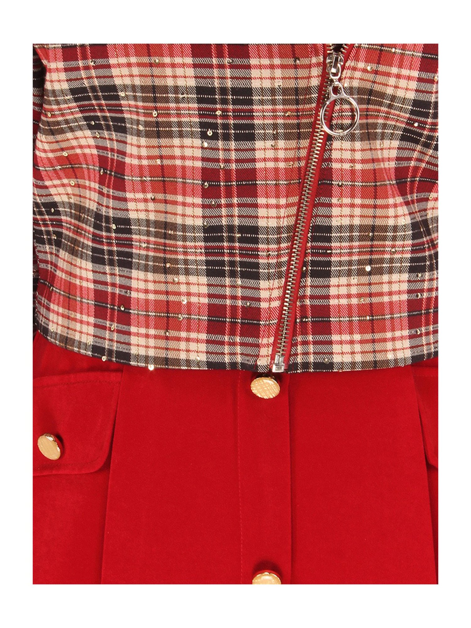 Cutecumber Kids Maroon Checks Full Sleeves Dress with Shrug