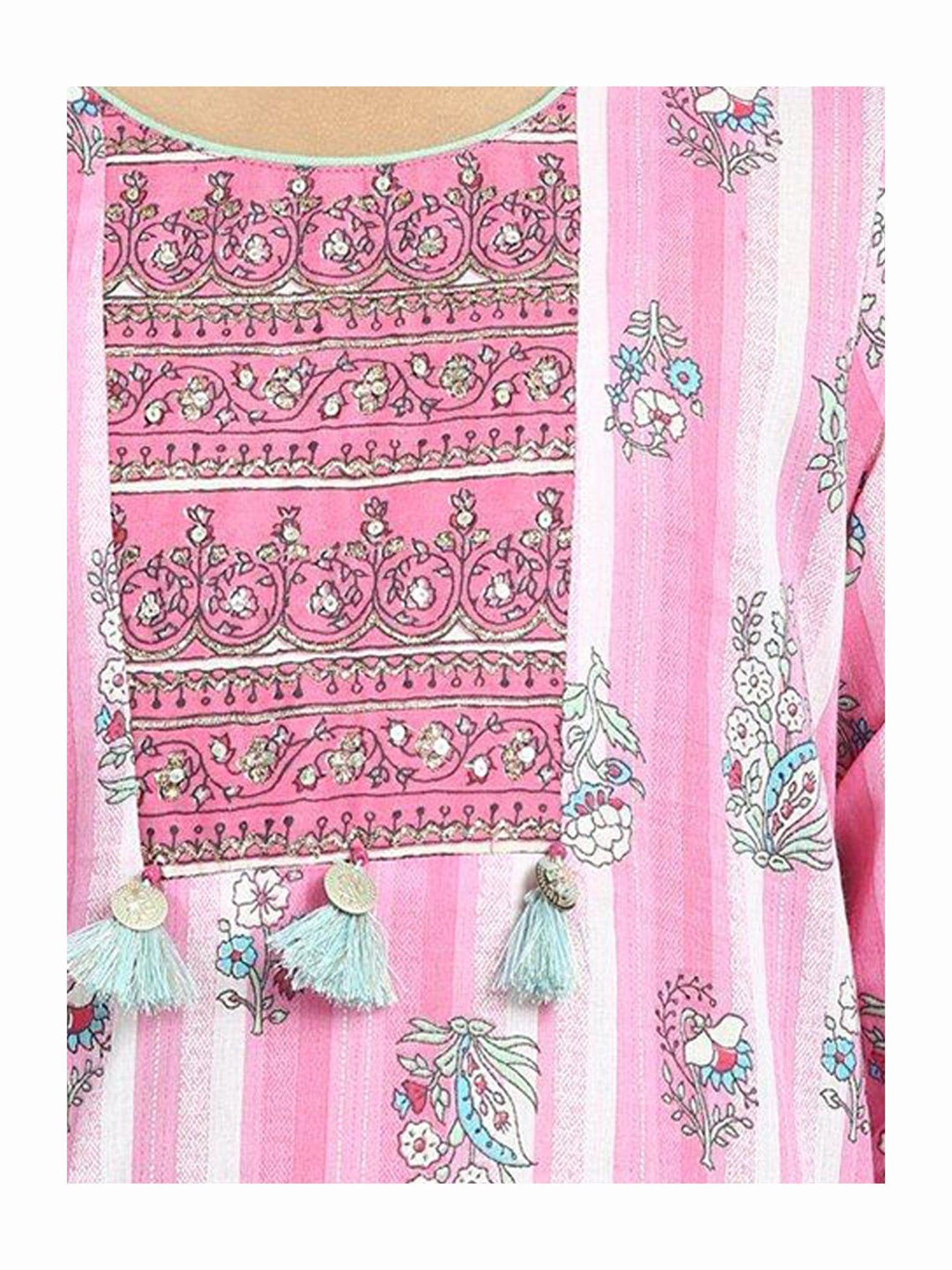 BIBA Girls Pink & Green Printed Kurta, Leggings with Dupatta
