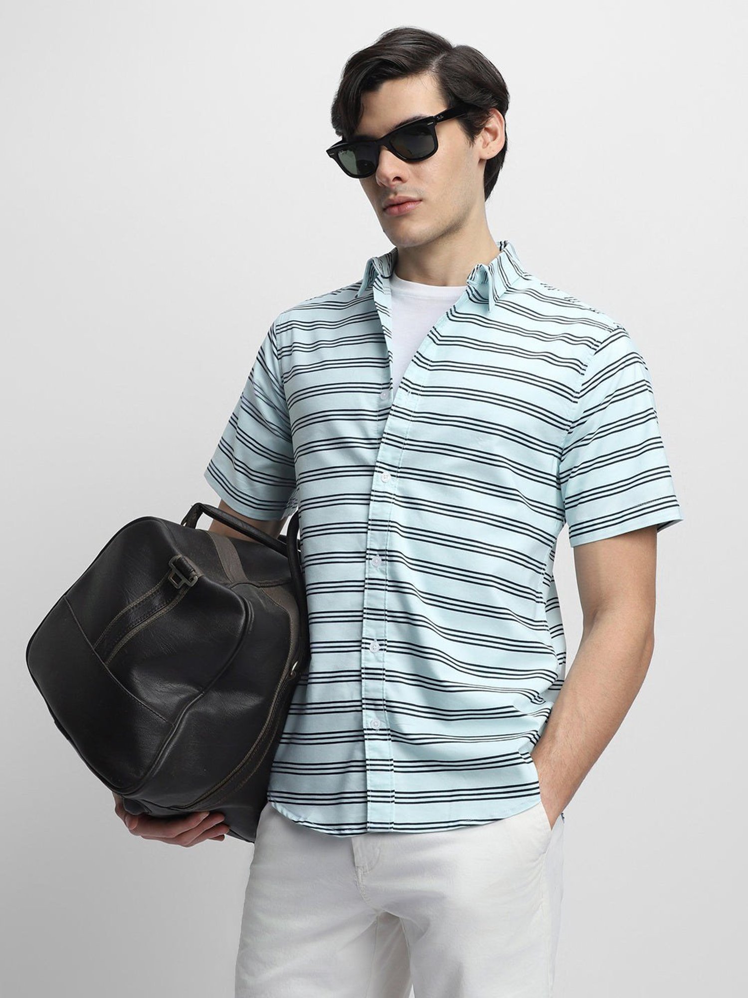 Dennis Lingo Green Cotton Slim Fit Striped Shirt