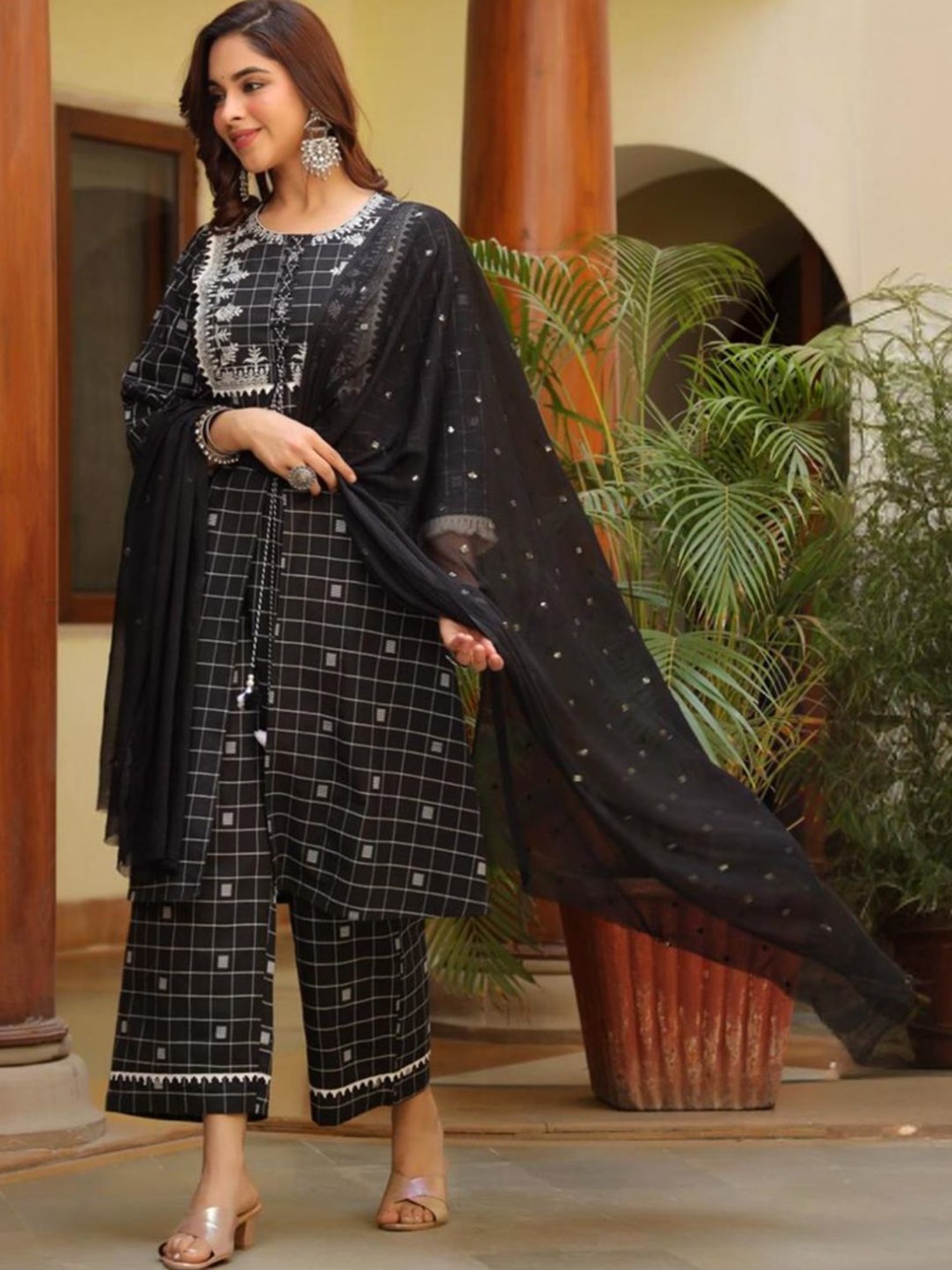 Autumnlane Black Jeena Swish Checks Kurta with Pant and Dupatta