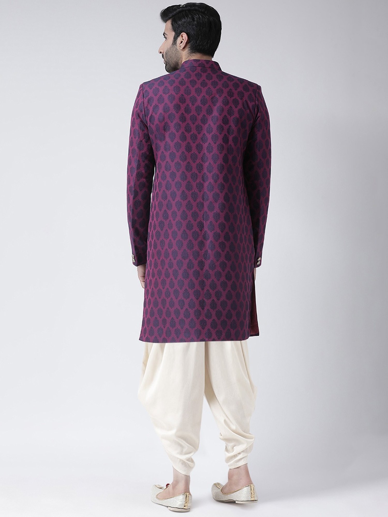 Hangup Plus Beige & Black Regular Fit Printed Sherwani Set