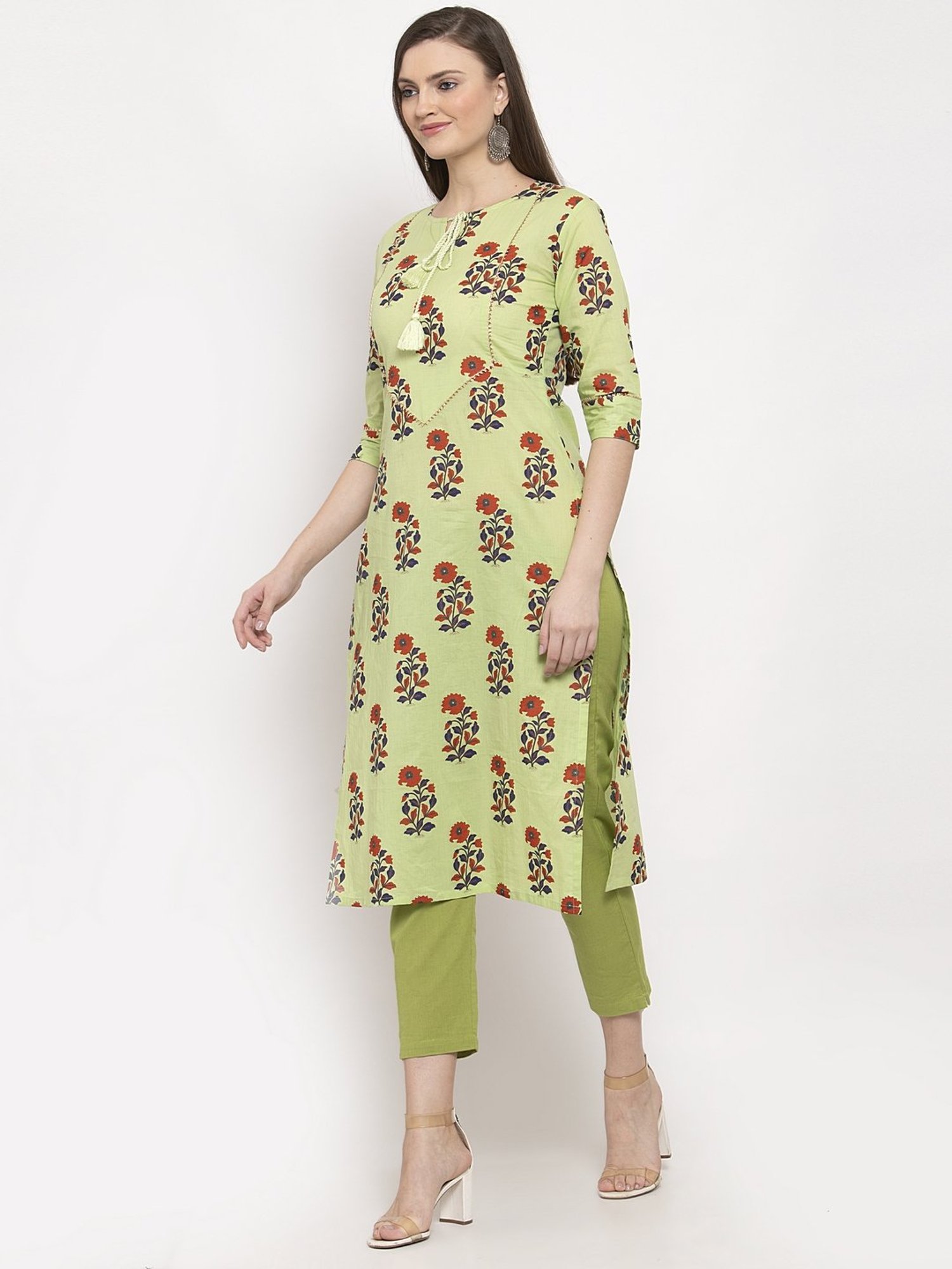 Indibelle Green Cotton Floral Print Straight Kurta