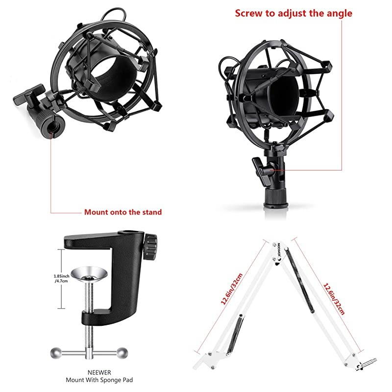 NW800 Pro Studio Broadcasting Recording Condenser Mic Kit with NW35 Adjustable Mic Suspension Scissor Arm Stand with Black Shock Mount and Table Mounting Clamp Pop FilterWhite and Silver