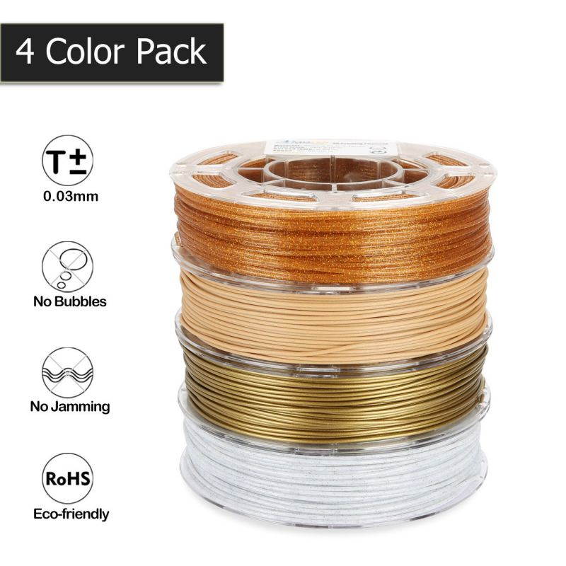 PLA 3D Printer Filament, 1.75mm, Set with Bronze, Marble, Wood, Shining Gold, Each Spool 225g, 4 Spools Pack