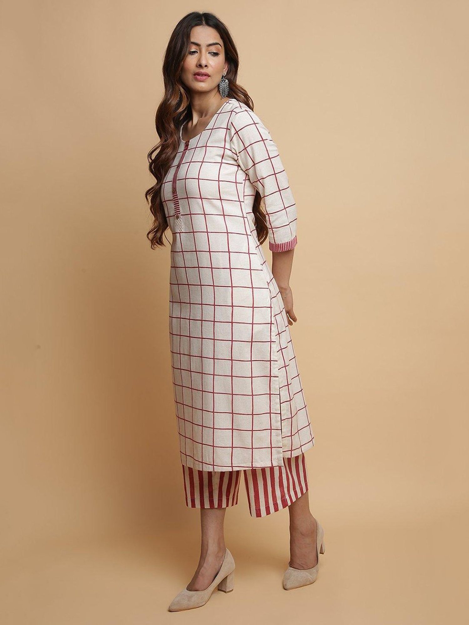Biba Beige Check Kurta & Palazzo Set