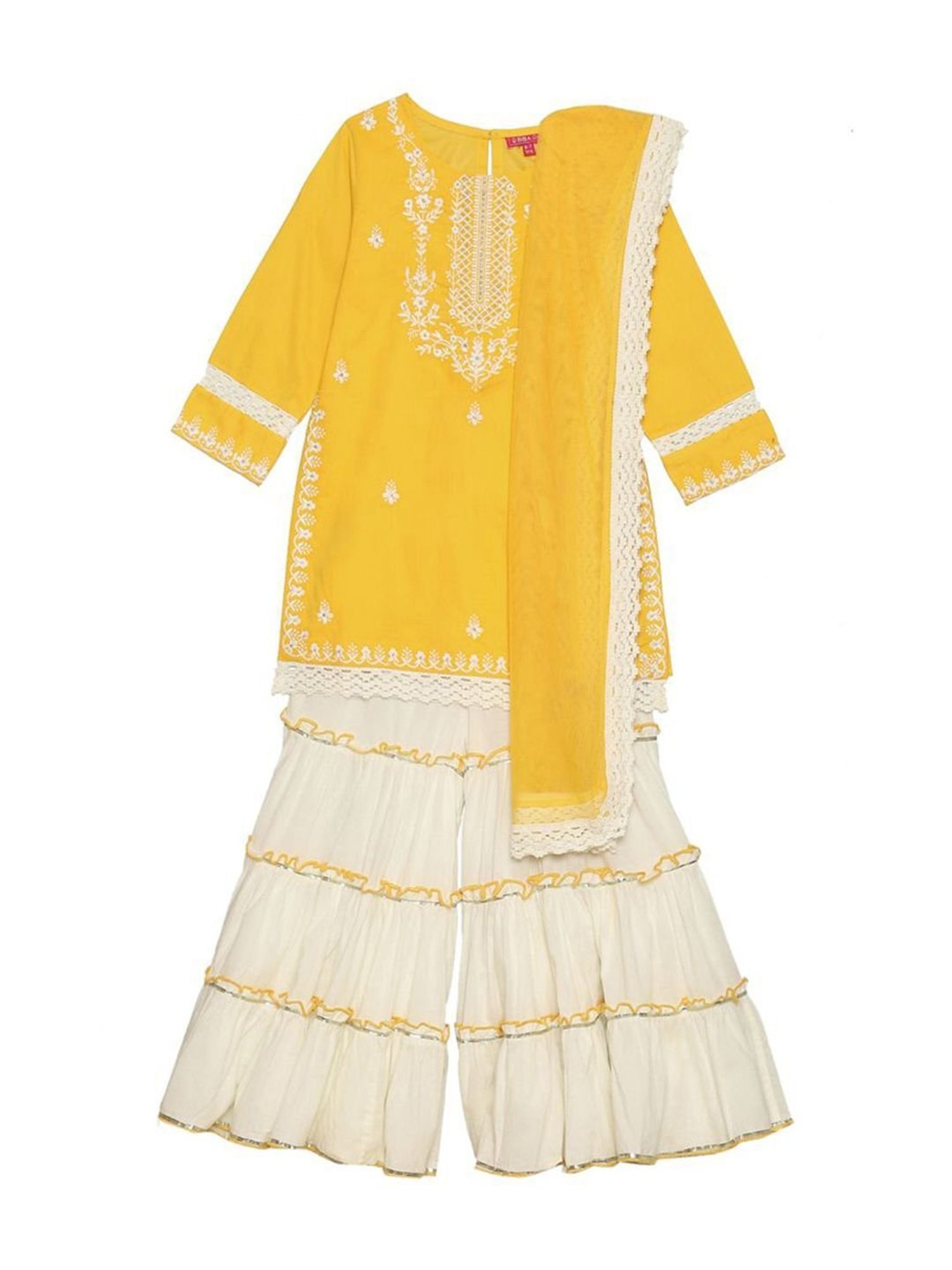 Biba Girls Yellow & White Embroidered Kurta Set