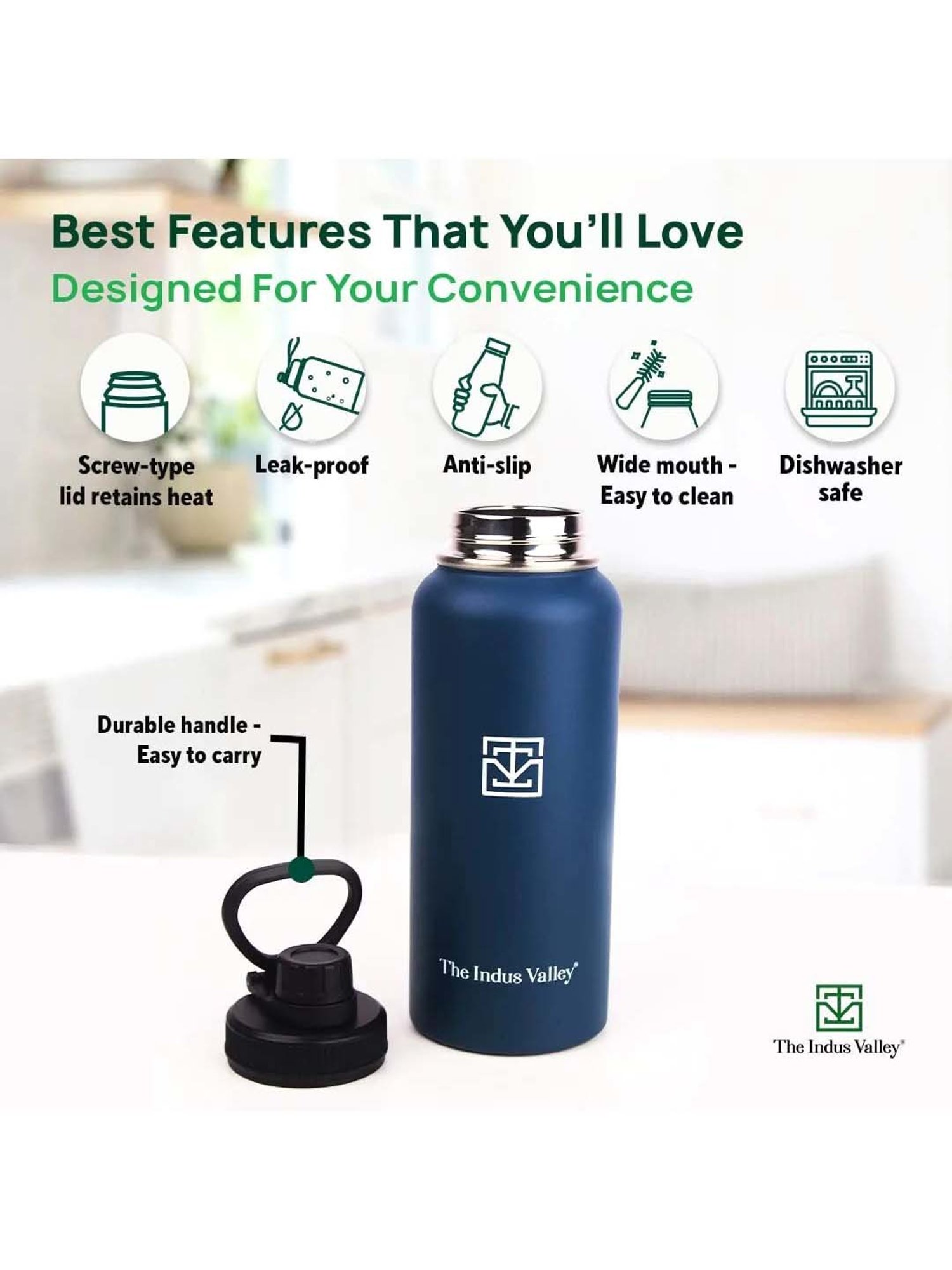 The Indus Valley Black Stainless Steel Vaccum Insulated Double-Walled Bottle Flask (1 L)