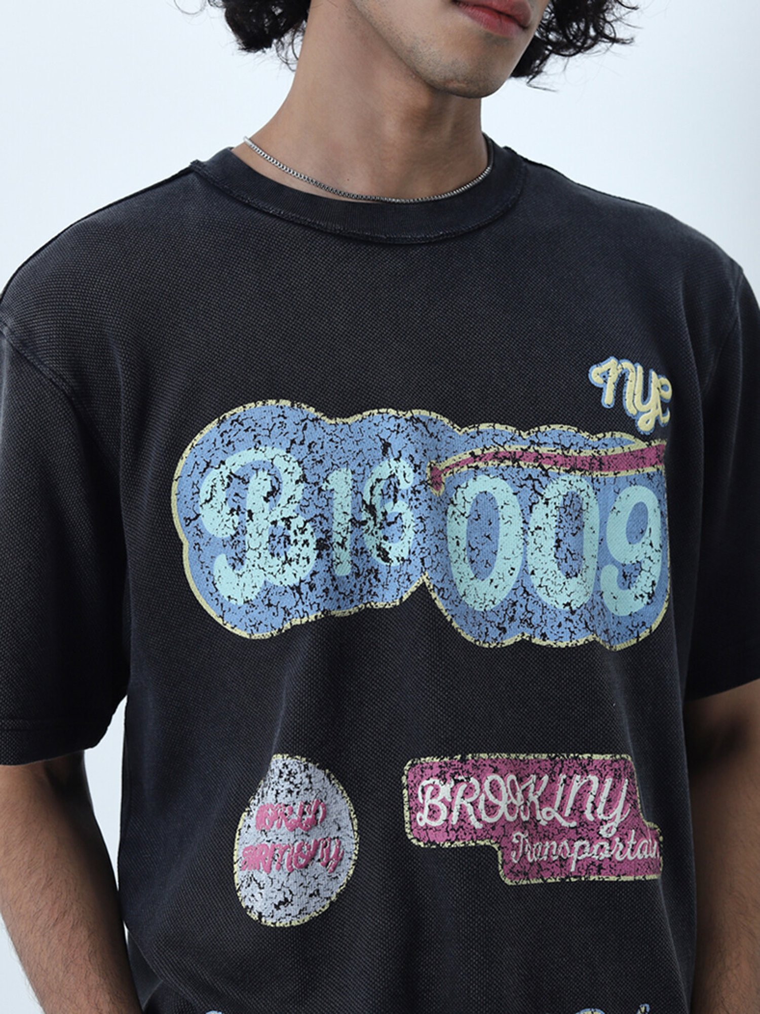 Nuon by Westside Dark Grey Text Printed Relaxed-Fit Cotton T-Shirt