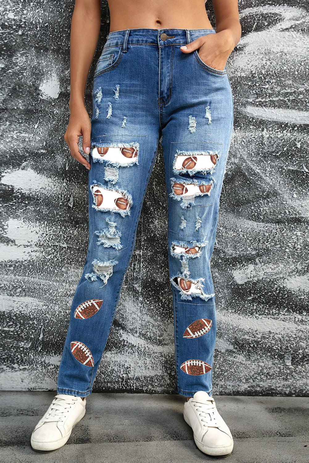 Blue Sunflower Print Ripped Mid Rise Straight Leg Graphic Jeans