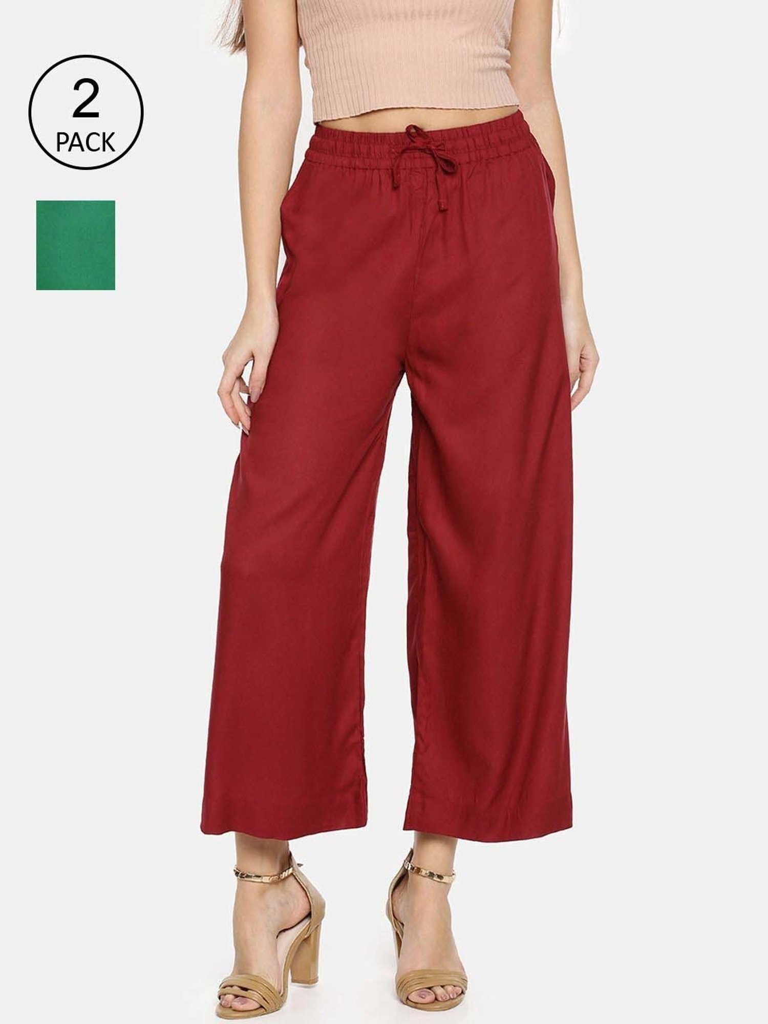 TWIN BIRDS Green & Maroon Mid Rise Palazzos - Pack Of 2