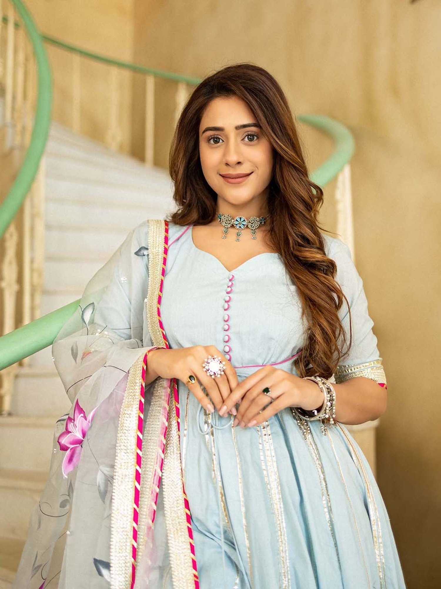 AACHHO Blue Ragini Hand Painted Suit Set