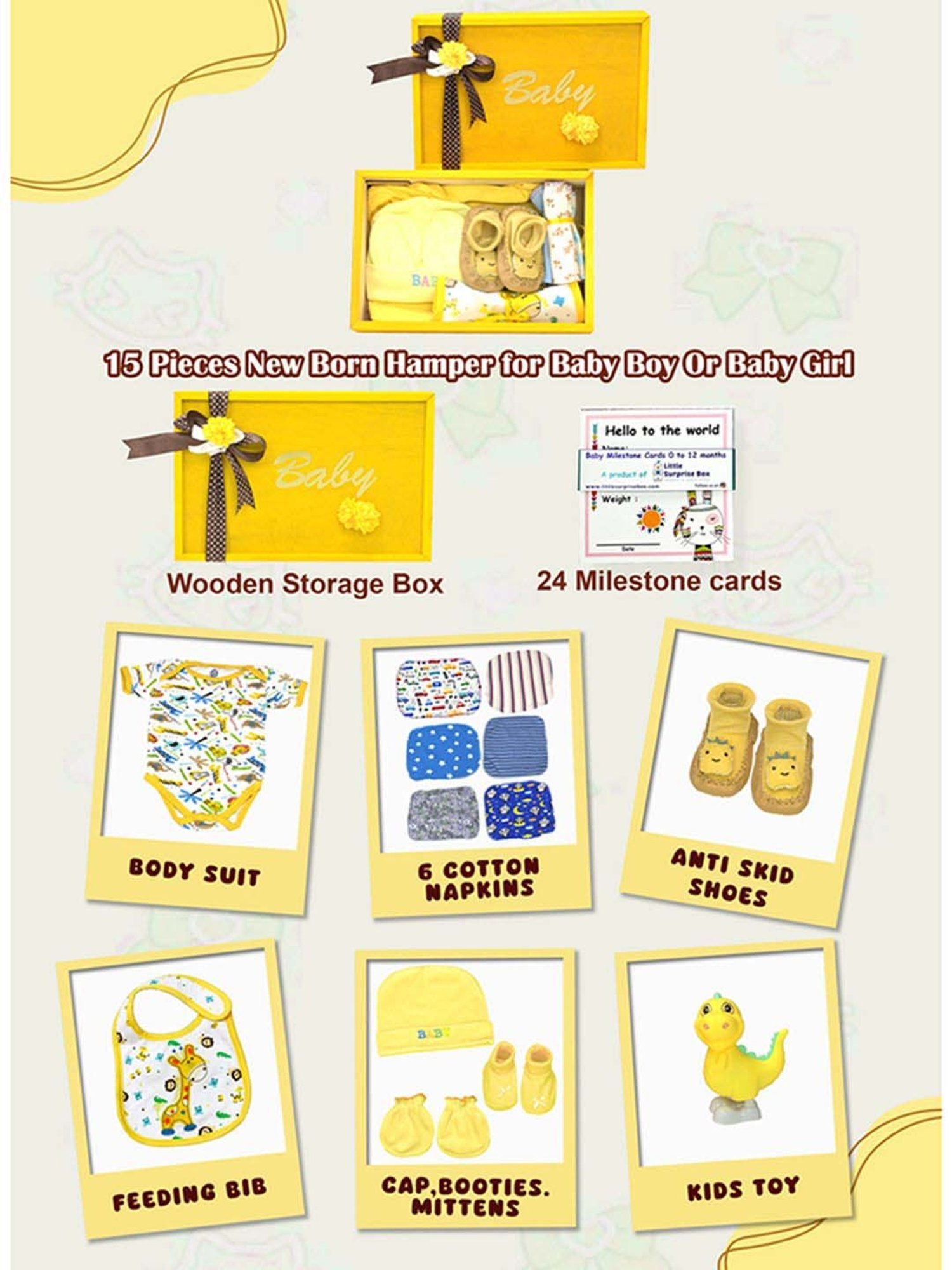 Little Surprise Box Kids Yellow Cotton Printed Full Sleeves Gift Set