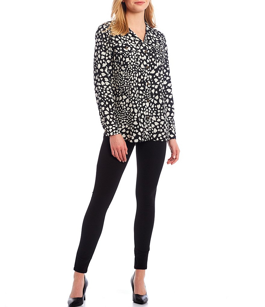 KARL LAGERFELD PARIS Point Collar Neck Long Cuff Sleeve Button Front Satin Crepe Heart Print Pocket Utility Blouse