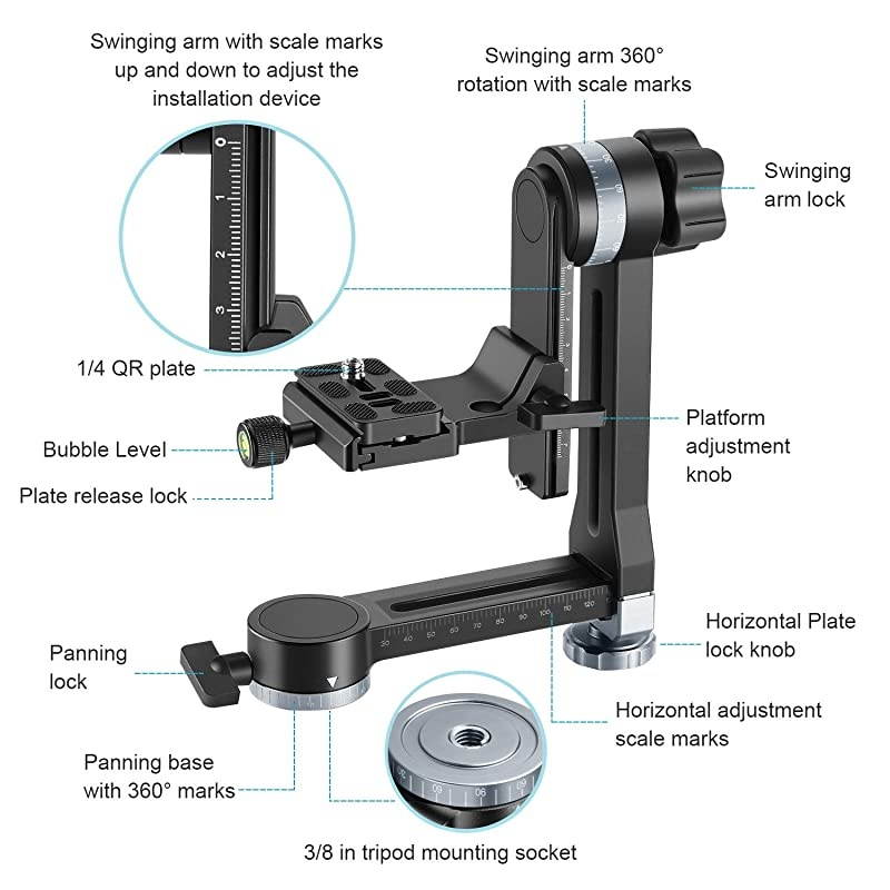 Professional Metal Gimbal Tripod Head 360&deg; Panoramic Head with 100mm Movable Horizontal Axis ArcaSwiss Standard QR Plate and Bubble Level for Digital SLR Cameras up to 33lbs15kg