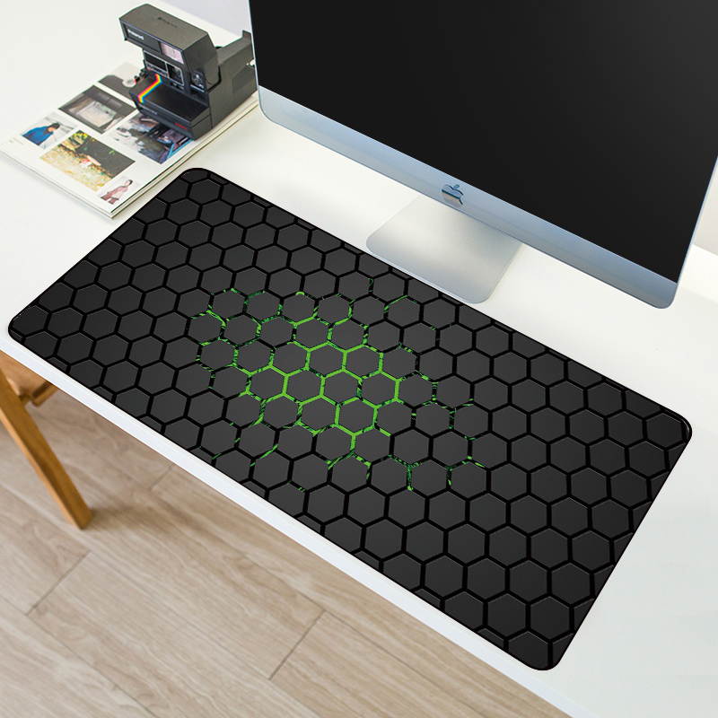 HISPETECH 80X30cm Hexagon Large Gaming Mouse Pad Locking Edge Natural Rubber Keyboard Mouse Mat Anti-slip PolygonTexture PC Keyboard Desk Pad XL