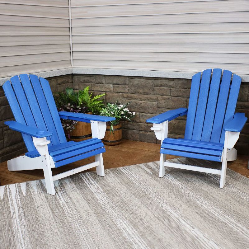 Sunnydaze Plastic All-Weather Heavy-Duty Outdoor Adirondack Chair with Drink Holder, Blue and White, 2pk