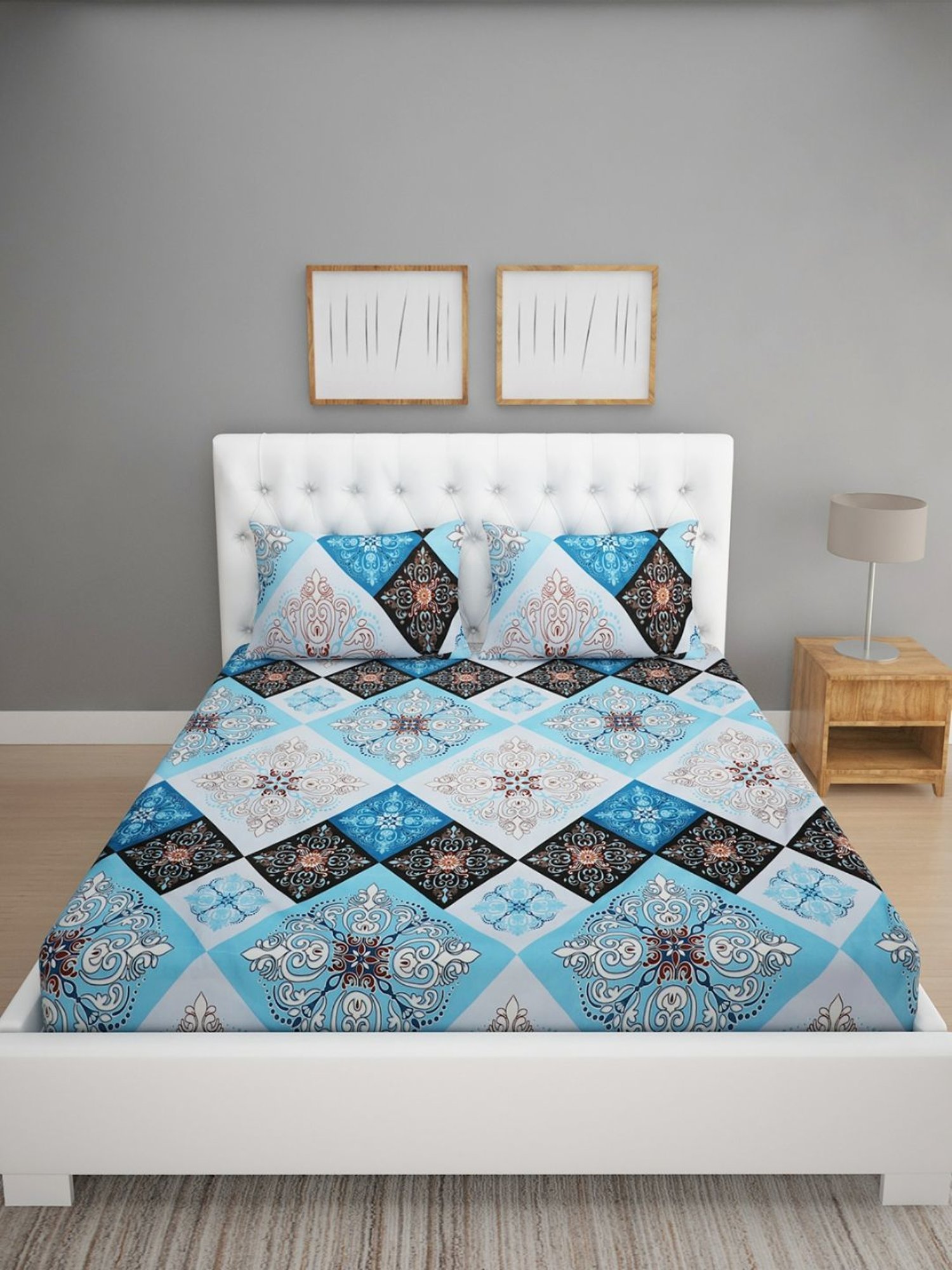 Romee Geometric Multicolor 144 TC Cotton Queen Sized Bed Sheet with 2 Pillow Covers