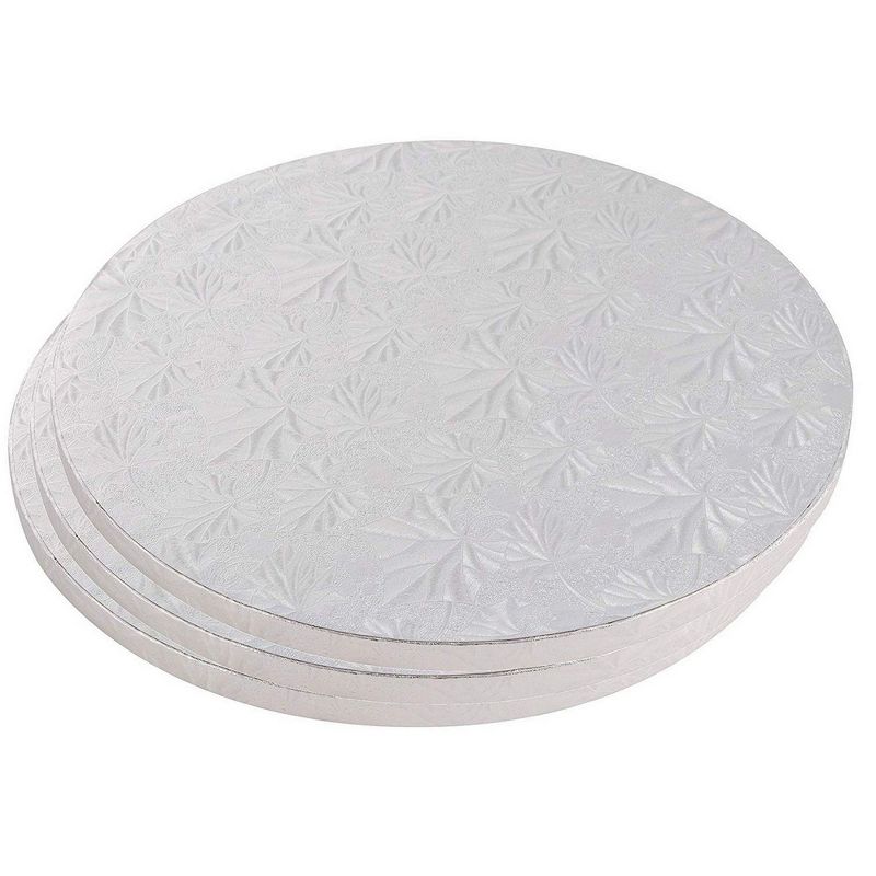 Juvale 3 Piece Cake Boards Rounds, Silver Foil Pizza Base Disposable Drum Circles, Corrugated Paper Board 12"