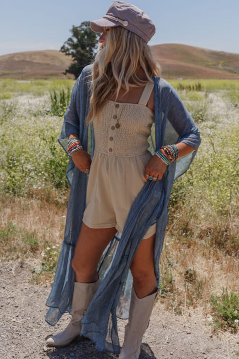 Dusk Blue Chest Pocket Front Buttoned Folded Edge Denim Short Sleeve Romper