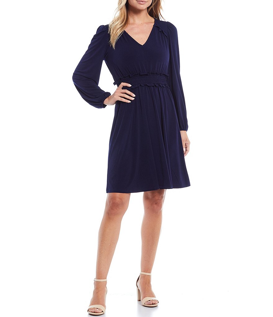 London Times V-Neck Empire Long Sleeve Smocked A-Line Dress