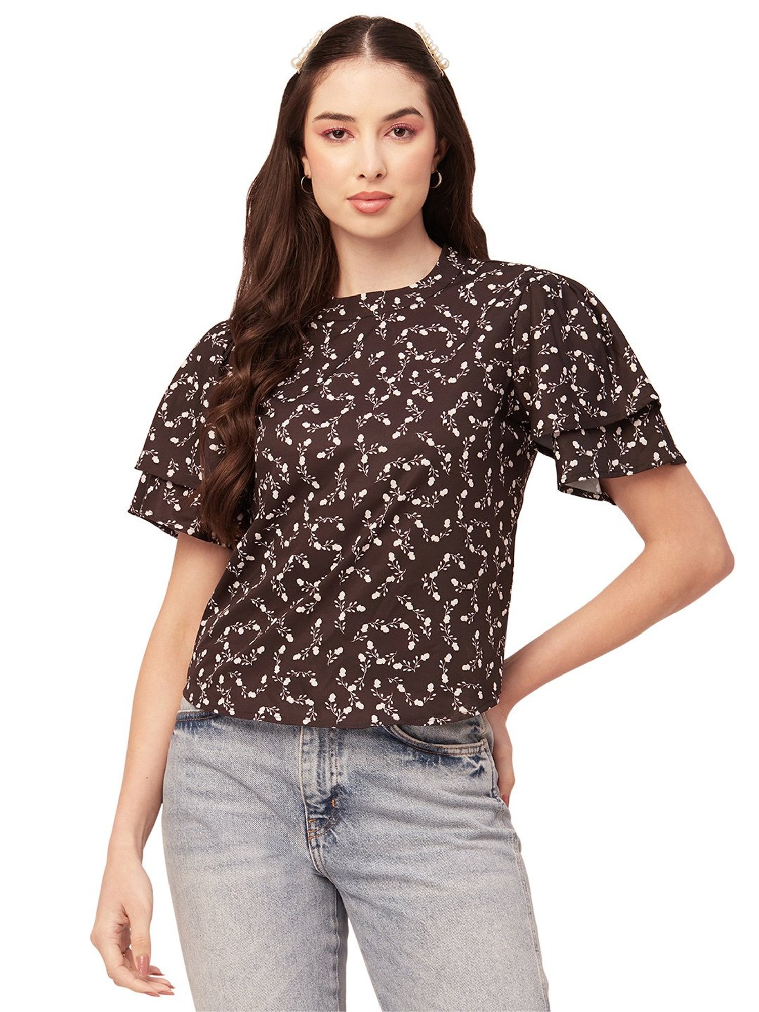 Moomaya Black & White Floral Print Top