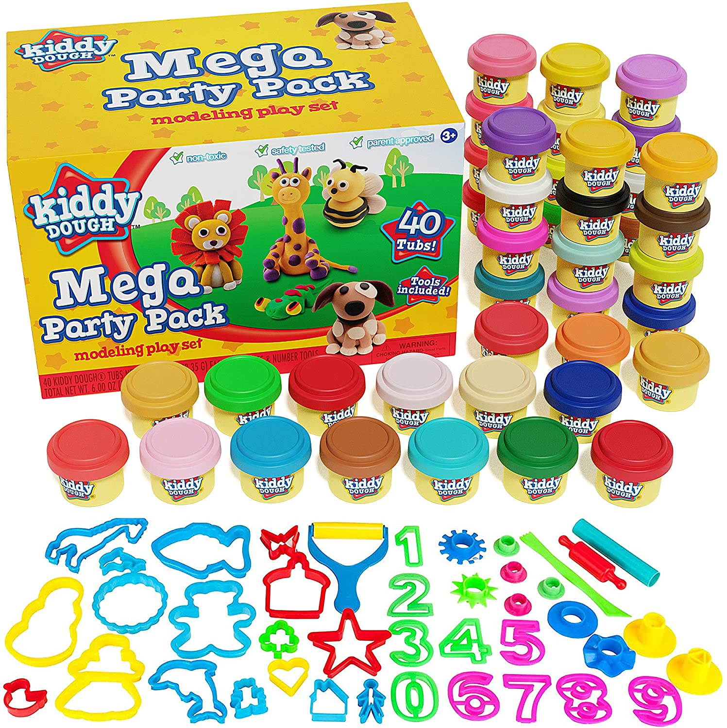 KIDDY DOUGH 40 Pack of Birthday Party Favors Bulk Dough & Clay Pack - Includes Molded Animal Shaped Lids + 40 Shapes & Numbers Dough Tools - Holiday Edition - (1oz Tubs - 40oz Total), Multi Color