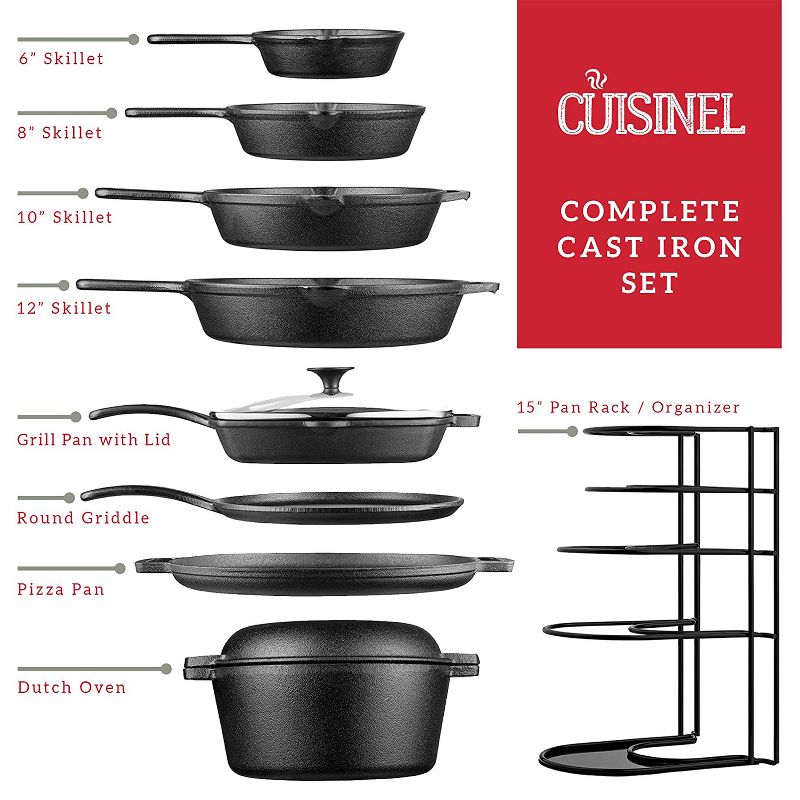 Cuisinel Chefs Essential 11 Piece Cast Iron Pot, Pan, & Griddle Nonstick Kitchen Cookware Set w/ Rack Organizer, 6 Silicone Hot Pan Holders, & Lid