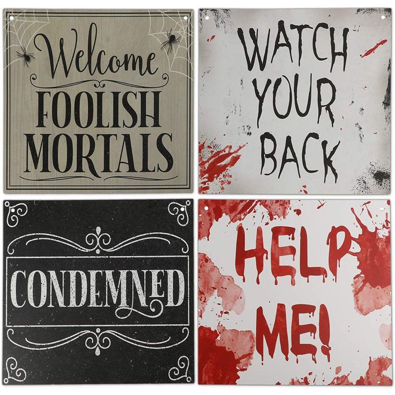 Spooky Central 12 Pack Halloween Party Decorations, Beware Signs with Rope (11.8 x 9.8 In)