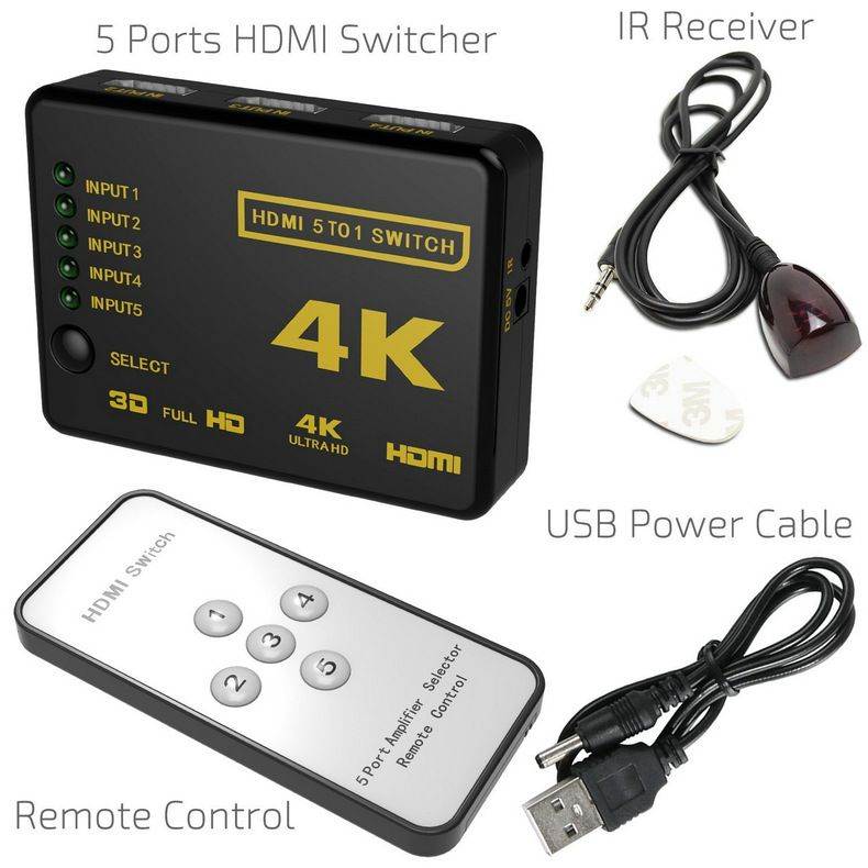 HDMI Switch 4K 5 in 1 out HDMI Selector Splitter- HDMI Switcher with Remote Hdmi Auto Switcher Box Supports 4K 60Hz, HDMI Switch for PS3 / Xbox One/Fire TV/SKY BOX/STB/DVD/Laptop