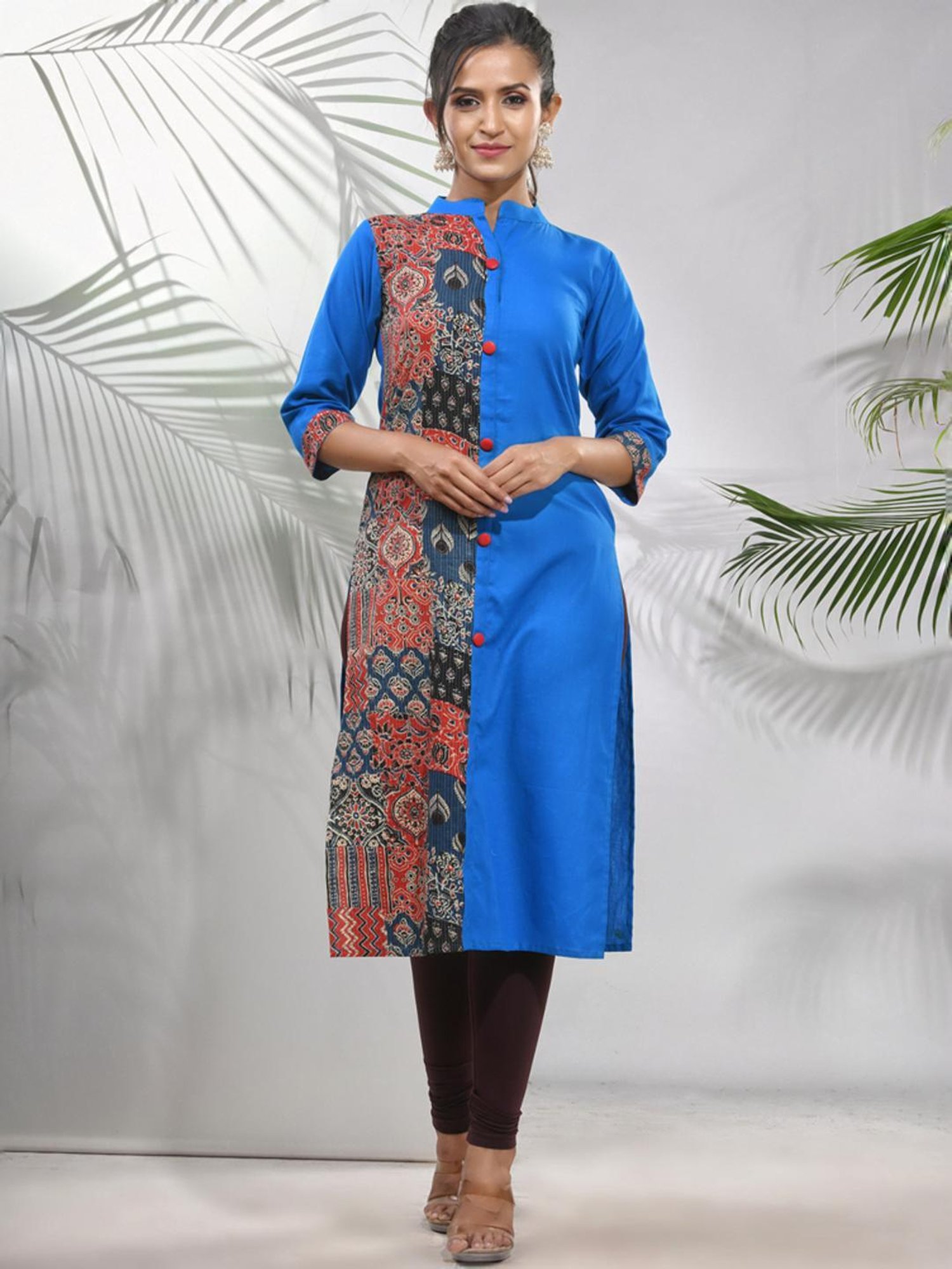 CHARUKRITI Blue Cotton Printed Straight Kurta