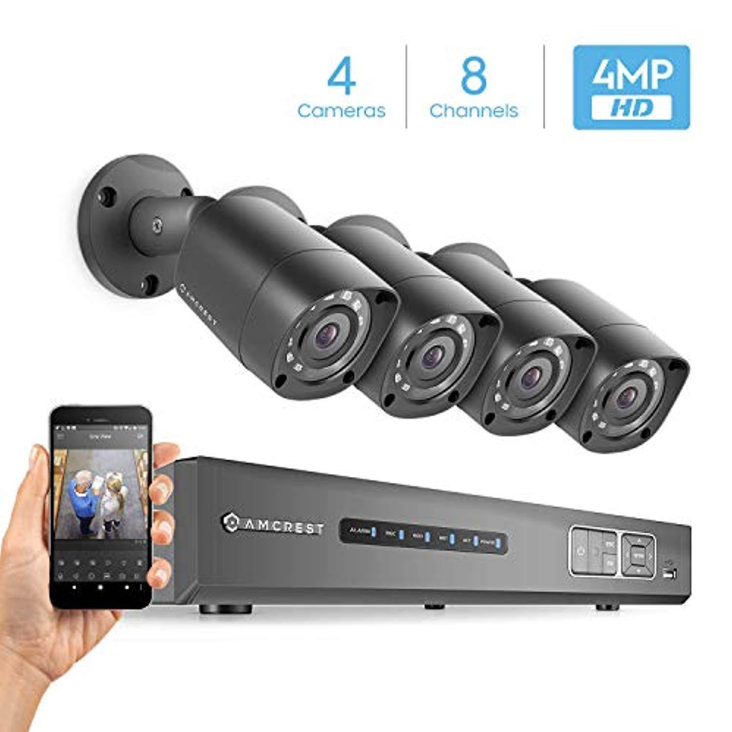Amcrest UltraHD 4MP 8CH Video Security System - Four 3840TVL 4.0-Megapixel Weatherproof IP67 Bullet Cameras, 98ft IR LED Night Vision, NO HDD Included, HD Over Analog/BNC, Smartphone View (Black)