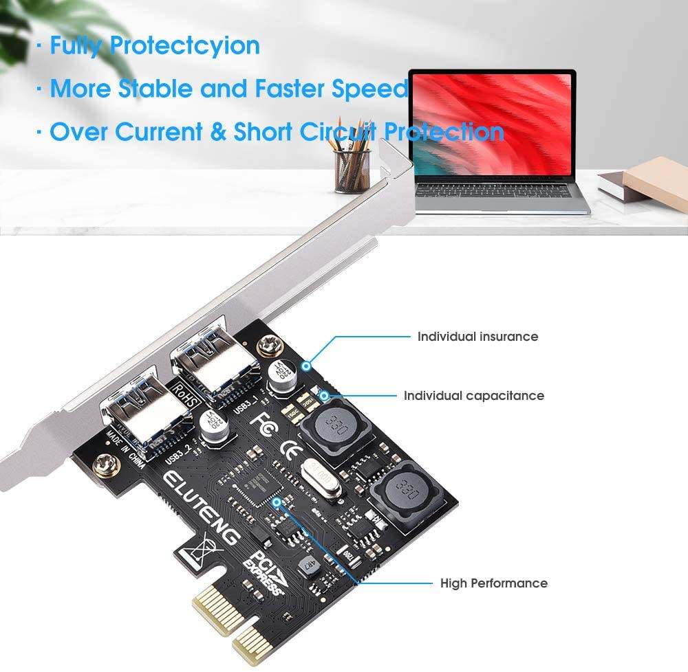 PCIE USB 3.0 Card, 2 Ports PCI Express to USB Expansion Card Super Speed 5Gbps PCI-e USB3 Hub Controller Adapter for Windows 10/8.1/8/7/XP/Vista - Self Powered, No Need Additional Power Supply