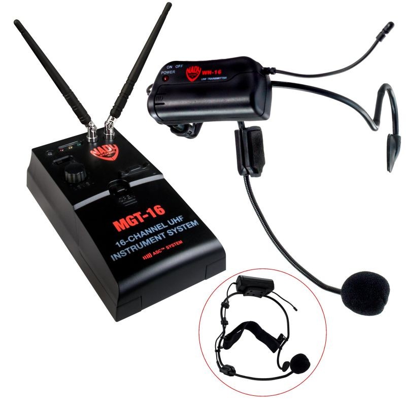 Nady MGT-16 VHM-16 Miniature wireless system with headset &ndash;&ndash; Stompbox style receiver with 16 user selectable UHF frequencies