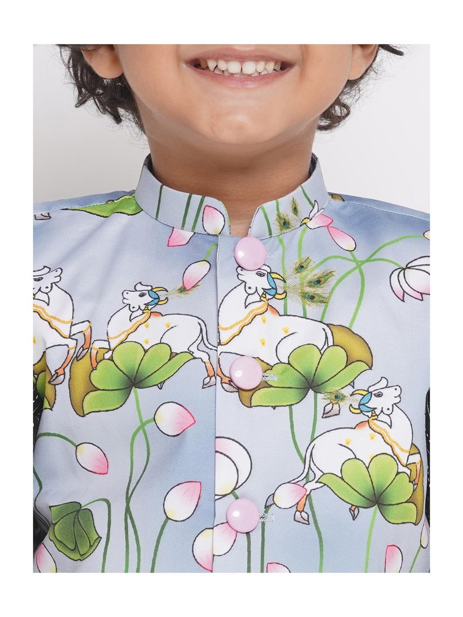 Little Bansi Kids Multicolor Printed Full Sleeves Kurta, Dhoti with Jacket