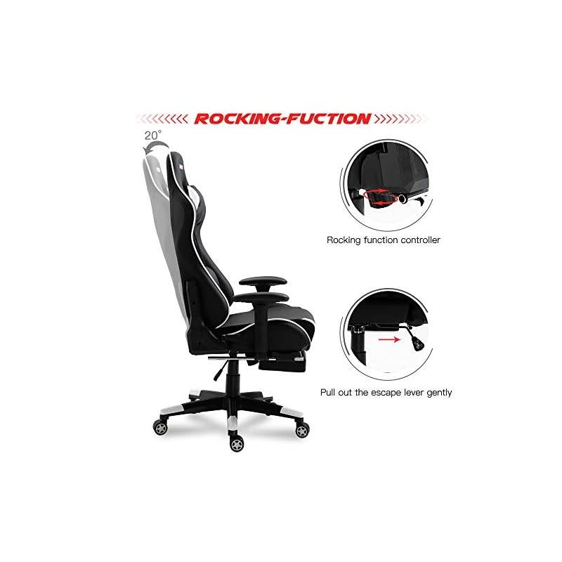 Ergonomic Gaming Chair High-Back Racing Style Gamer Chair PU Leather Height Adjustable Computer Desk Chair with Massage Lumbar Recliner Footrest and Headrest (White)