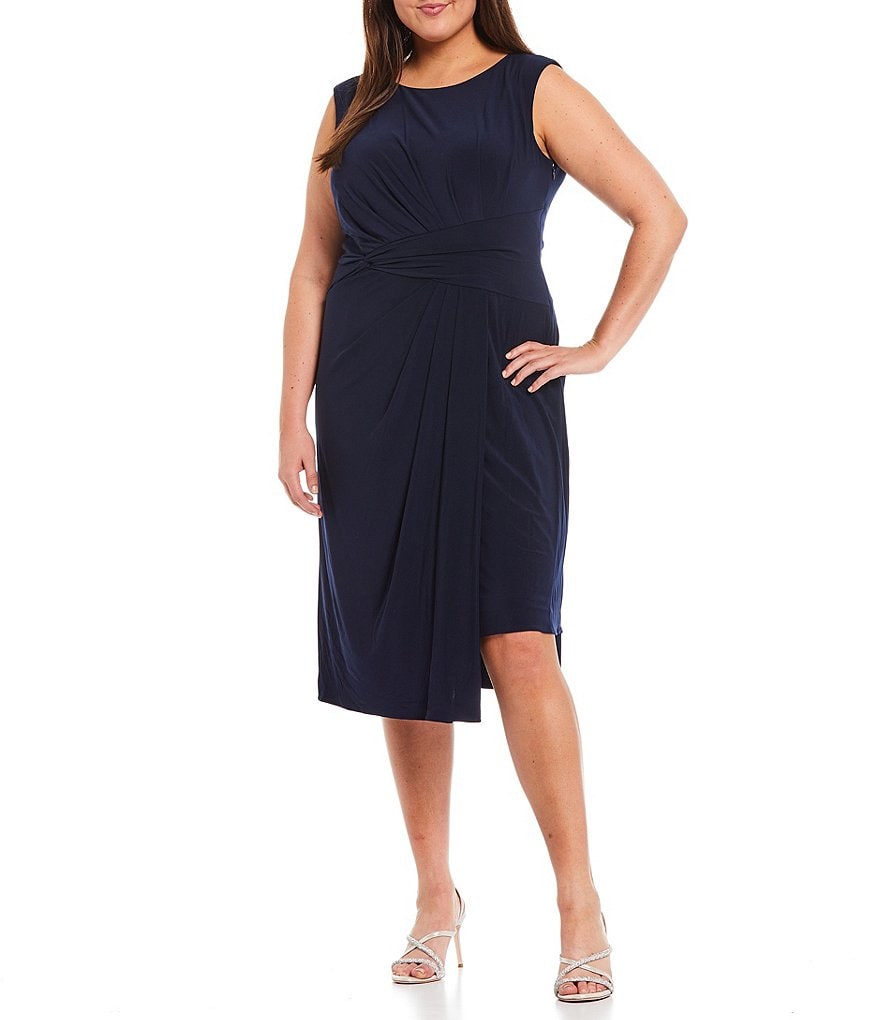 Adrianna Papell Plus Size Asymmetric Draped Jersey Bateau Neck Sleeveless Midi Dress