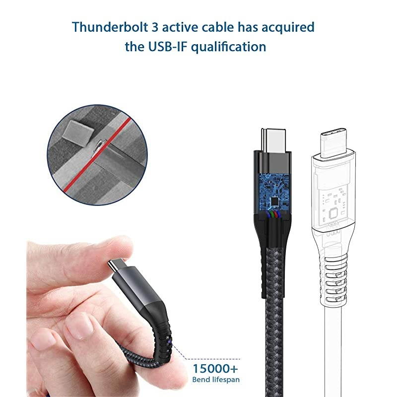 Thunderbolt 3 Cable 33Ft1M40Gbps  TB 3 USB 40 Cable 20V5A 100W Supports 1x 5K 60hz or Double 4K 60hz Monitor External SSD eGpu USBC Docking Station