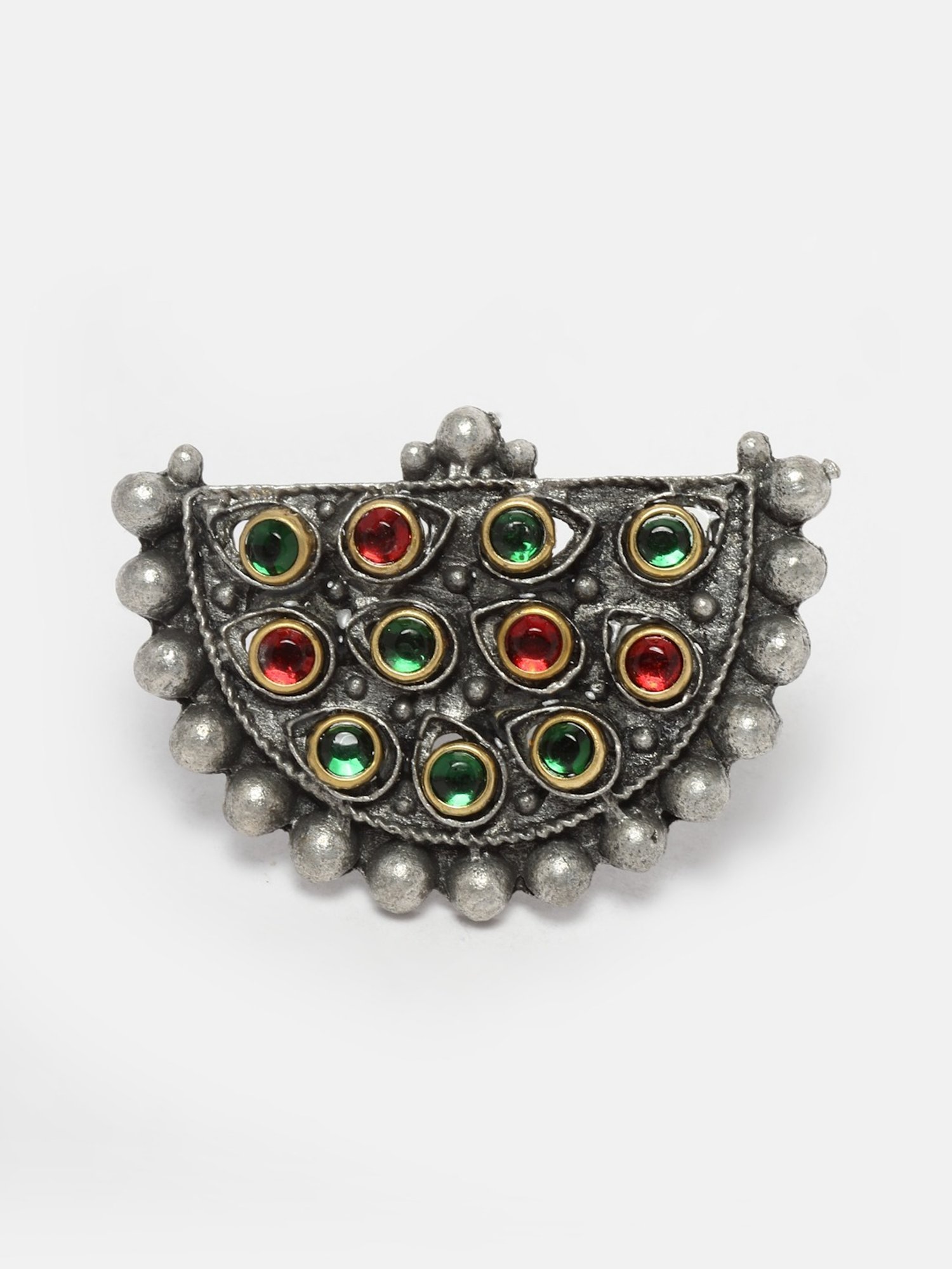 Moedbuille Handcrafted Crystals Studded Antique Tribal Design Oxidised Silver Plated Finger Ring