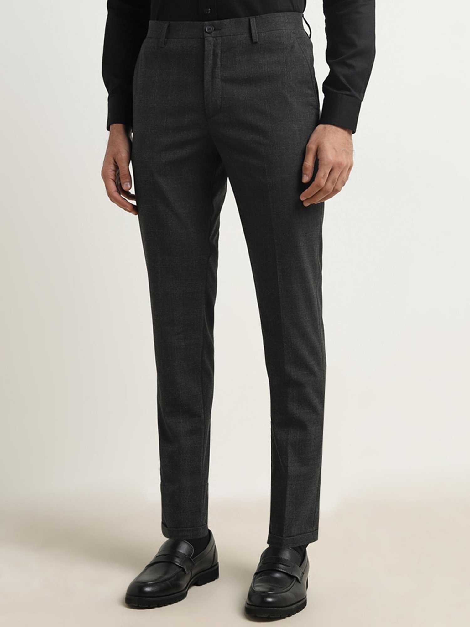 WES Formals by Westside Black Checkered Carrot-Fit Mid-Rise Trousers